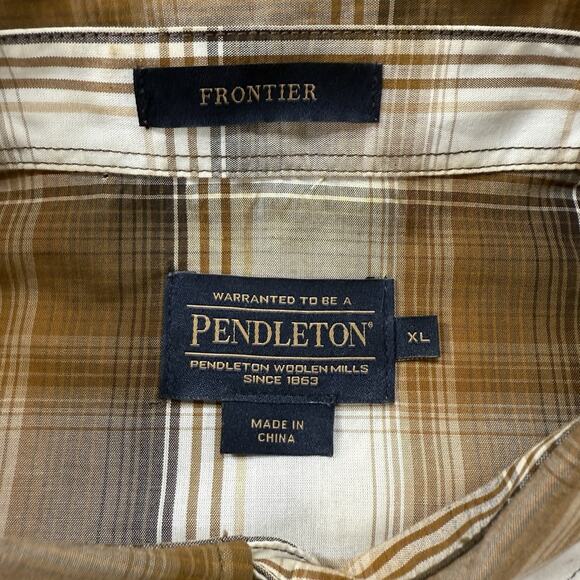 Pendleton Mens XL Frontier Western Snap Button Plaid Shirt Brown Tan Long Sleeve - Picture 2 of 10